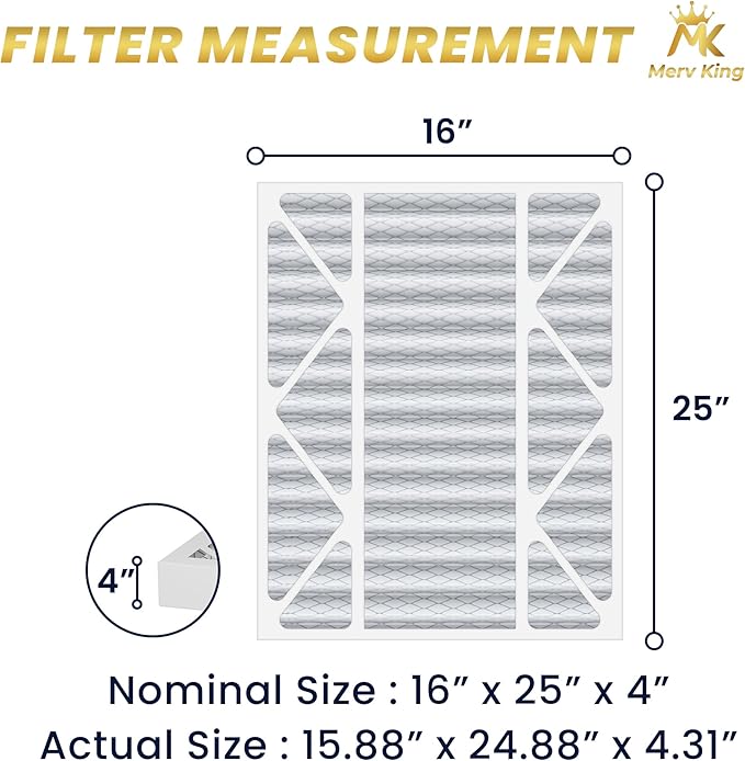 MervKing 16x25x4 Air Filter Actual Size: 15.88" x 24.88" x 4.31" MERV 8 MPR 600-700 | MADE IN USA | 6-Pack | Pleated HVAC AC Furnace Replacement