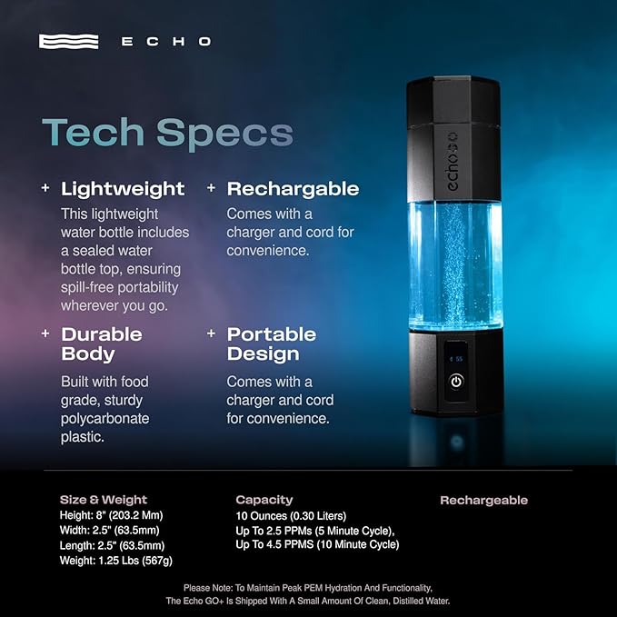Echo Go+ Hydrogen Water Bottle - Hydrogen Infusion Technology - Rechargeable Water Bottle - SPE & PEM Purification - Active Hydration Support for Skin Health & Immune Function - 10 oz