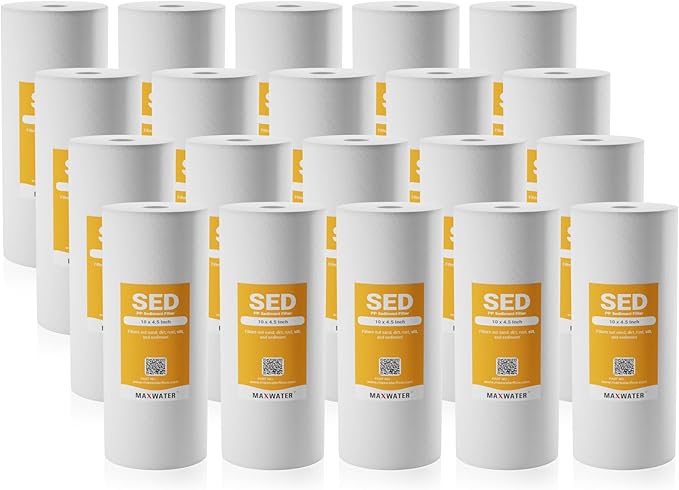 Max Water 1 Micron 10 x 4.5 inch Whole house Sediment Water Filter | Meltblown Polypropylene Well Water Filter Replacement Cartridges for DGD-5005, AP810, SDC-45-1001, GXWH30C, PP10BB (20 Pack)