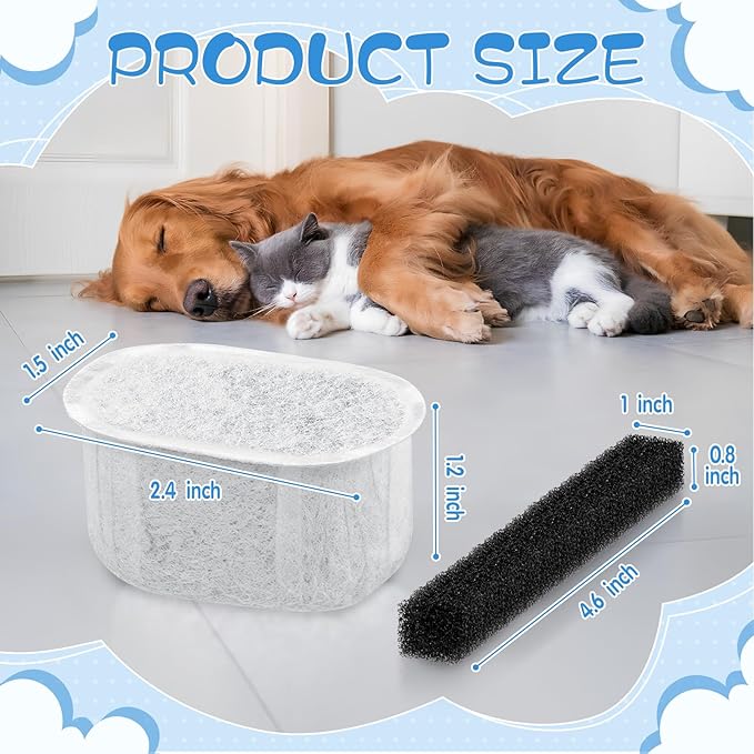 Lemonfilter Cat Water Fountain Filter, 12 Pack Replacement Filters & 5 Pack Sponges Kit Compatible With W300&W300B&W500&W500B Cat Water Fountain for 2L and 3.5L Automatic Pet Fountain