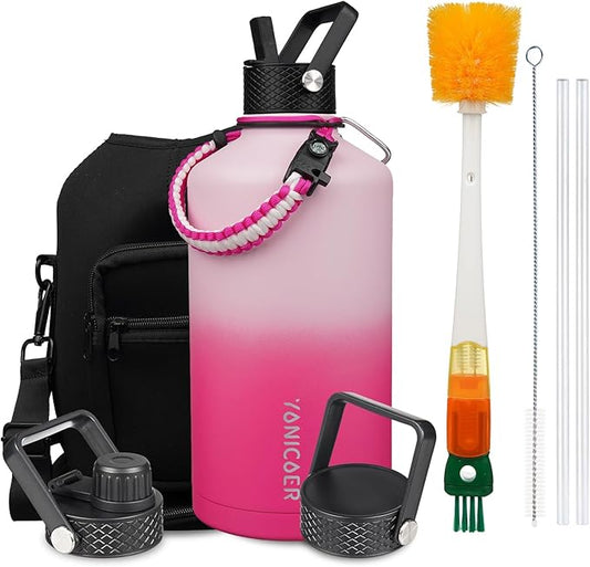 Insulated Water Bottle 64oz,Triple Wall Vacuum Stainless Steel(Dishwasher Safe),Leak Proof & Non-BPA,Flask Jug with Paracord Handle & Straw Spout Lids Sports-FlexoryFit