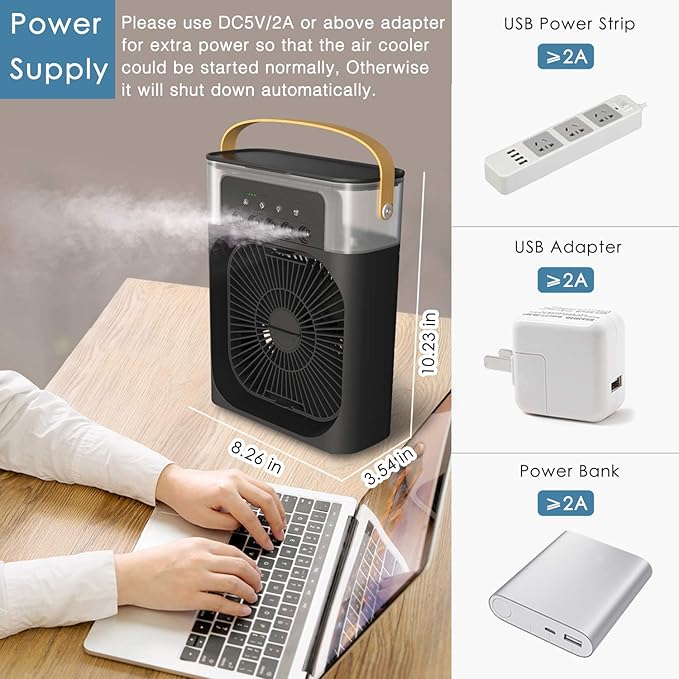 Personal Air Cooler, Portable Air Conditioner Fan, Mini Evaporative Cooler with 7 Colors LED Light, 1/2/3 H Timer, 3 Wind Speeds and 3 Spray Modes for Your Desk, Nightstand, or Coffee Table