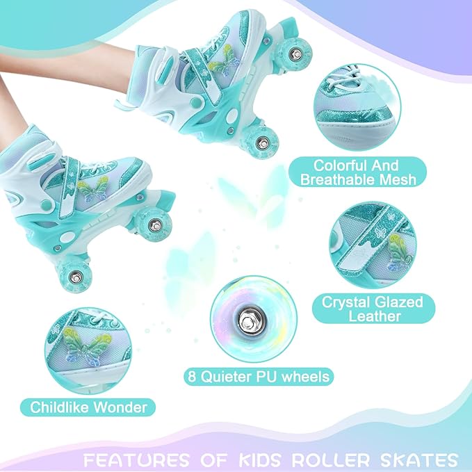 Kids Roller Skates for Girls-Outdoor 4 Size Adjustable Butterfly Quad Rollerskates for Indoor Ages 3-12 Years Beginners Children's Birthday Gift with Light Up Wheels patines para niñas Indoor-FlexoryFit