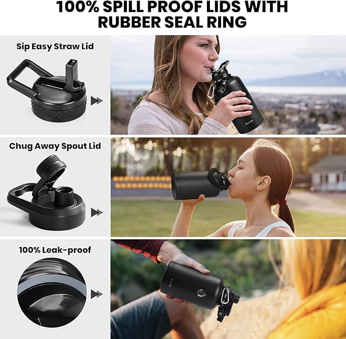 Insulated Water Bottle 64 oz, Triple Wall Vacuum Stainless Steel (Cold for 48 Hrs), Leak Proof & Non-BPA, Half Gallon Water Flask Jug with Paracord Handle & Straw Spout Lids, Magic Black-FlexoryFit