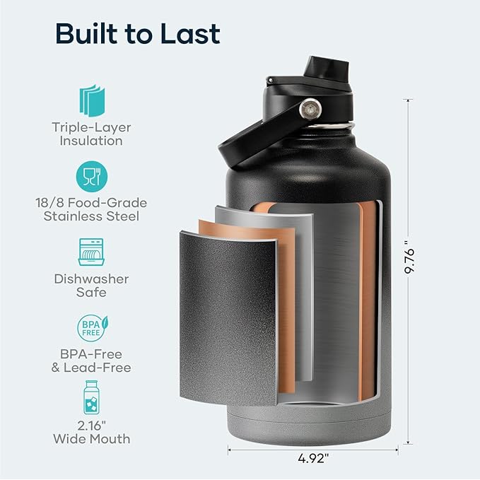 Insulated Water Bottle 64 oz with Straw Lid and Flex Lid, BUZIO 64oz Stainless Steel Water Bottle Half Gallon Jug Flask, Double Wall Vacuum Sports Thermo Mug, Cold Hot Hydro Metal Canteen-FlexoryFit