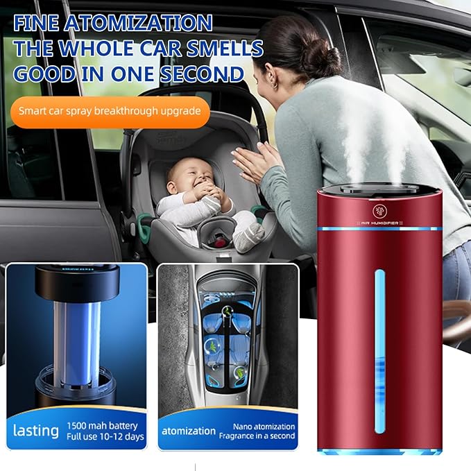 Smart Car Air Fresheners Rechargeable Ultrasonic Atomized Refreshing Experience Contains 4 Bottles of 10ml French Natural Fragrance Adjustable Concentration Auto On/Off Use in Car or Home(Wine red)