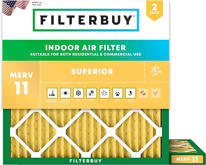 Filterbuy 22x22x1 Air Filter MERV 11 (MPR 1200) Allergen Defense Replacement (2-Pack), Electrostatic Pleated HVAC AC Furnace Filters, Made in USA (Actual Size: 21.50 x 21.50 x 0.75)
