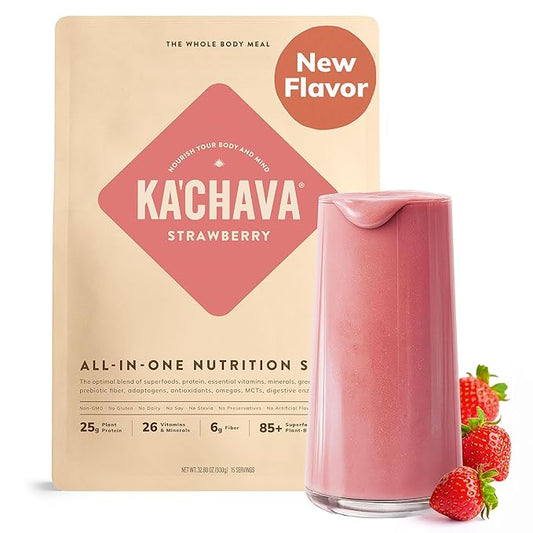 Ka’Chava All-In-One Nutrition Shake Blend, Strawberry, 15 Servings, 85+ Superfoods & Nutrients, Greens Plant-Based Powder Protein Drink, Digestive Enzymes & Probiotics, Vegan Dairy Gluten Free-FlexoryFit