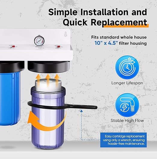 PUREPLUS 2-Stage Whole House Water Filtration System – 10" x 4.5" Universal Clear Housing, NSF/ANSI 42 Certified Filters, 1” Inlet/Outlet, Pressure Gauges – Reduces Chlorine, Odor, Sediment & Rust