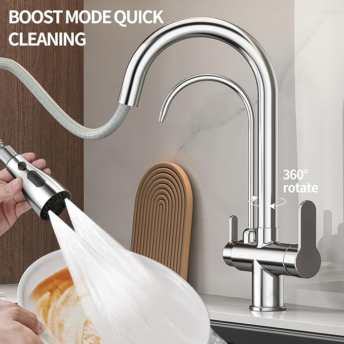 Kitchen Sink Faucet with Pull - Down Sprayer, 2 - Handle 3 - in - 1 Kitchen Sink Filter Faucet, Cold and Hot Mixer Drinking Water Faucet (Chrome-02)