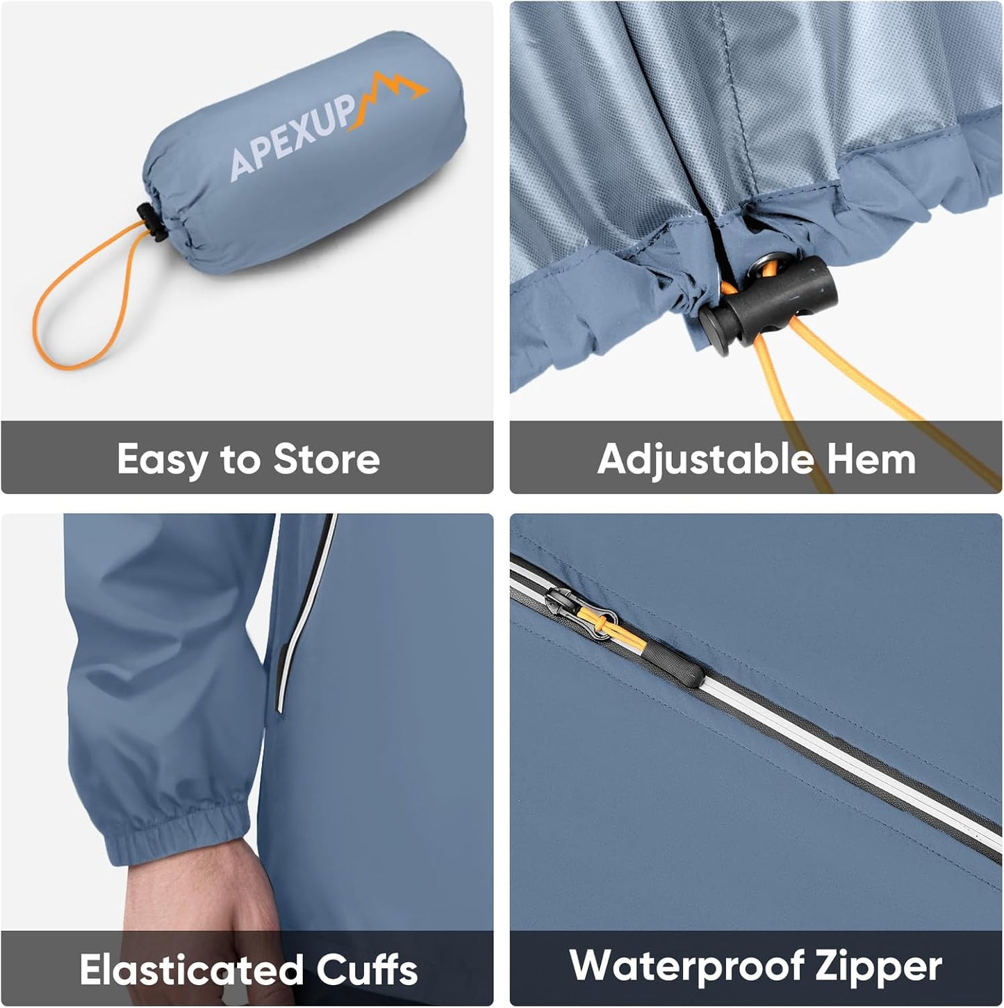 APEXUP Packable Rain Jacket Men with Reflective Zipper, Lightweight Waterproof Raincoat, Mens Rain Jacket for Outdoor Sports