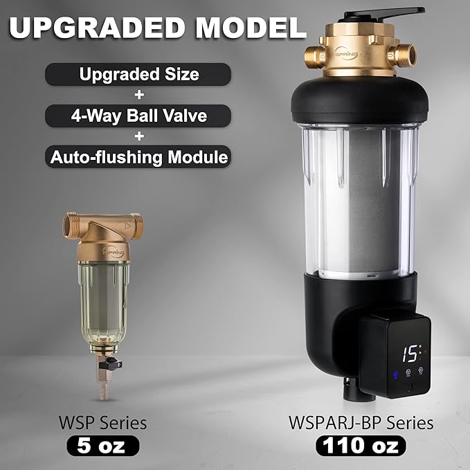 iSpring WSP200ARJ-BP, NSF Certified, Whole House Spin-Down Sediment Water Filter with Bypass, Clear Housing, Jumbo Size, Flushable and Reusable, Touch-Screen Auto Flushing, 4 Modes, 200 Microns