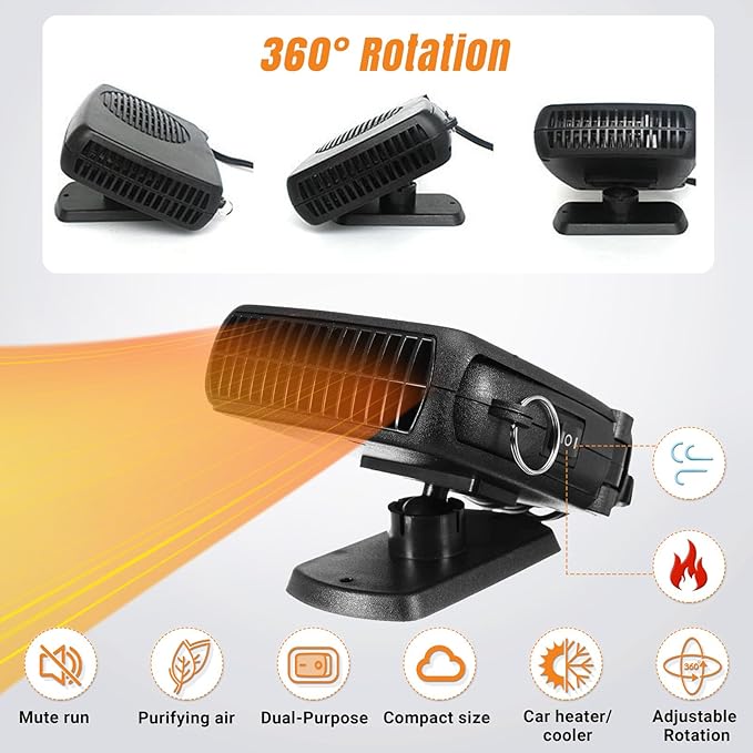 Car Heater, 200W Car Heaters Auto Part 12V Portable Heater for Car, Car Heater That Plugs Into Cigarette Lighter, Car Defroster Windshield Demister, Auto Defogger 360° Rotatable With Ergonomic Handle
