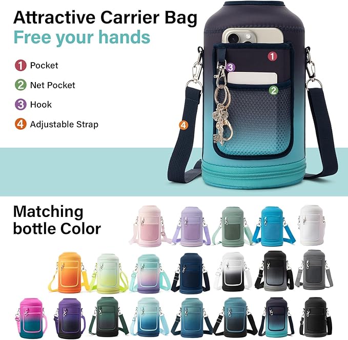 Insulated Water Bottle | Thickened Stainless Steel Vacuum Metal | Portable Sports Half Gallon Large Water Jug for Gym and Hiking with Straw, Carrier Bag, Handle Strap | BPA-Free 64 oz-FlexoryFit