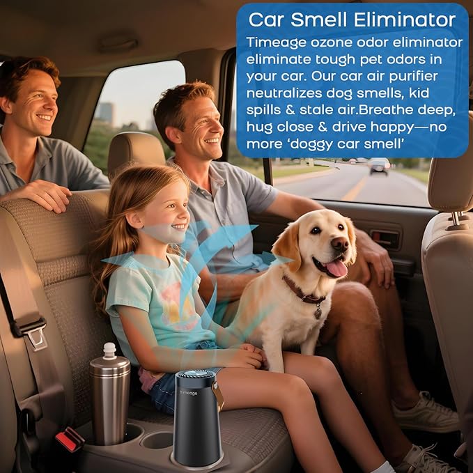 Ozone Generator for Car, 2 in 1 Odor eliminator and Air Ionizer to Remove Smoke Smell, Pet Odor, Dust Mites,PM2.5, Allergens, Portable Rechargeable Air Purifier for Home Room or Travel Black