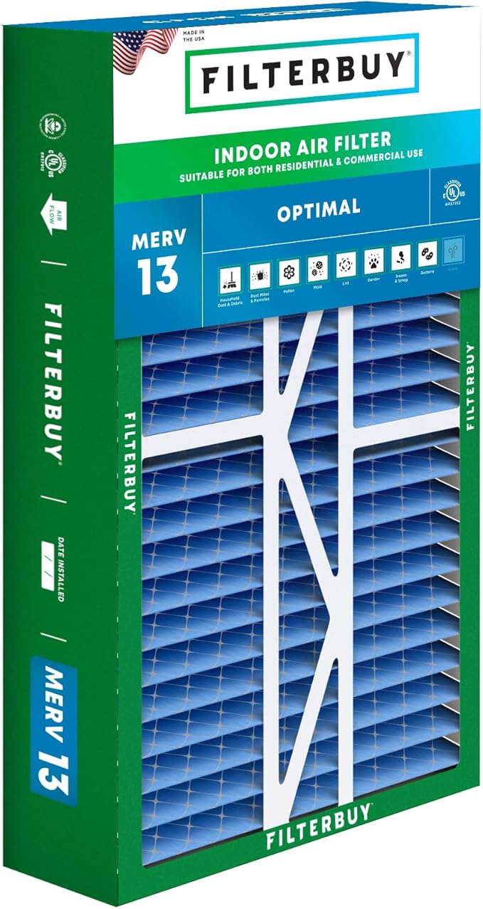 Filterbuy 16x25x5 Air Filter MERV 13 Optimal Defense (1-Pack), Pleated HVAC AC Furnace Air Filters for Amana, Coleman, Goodman, Maytag, York, and More (Actual Size: 15.38 x 25.50 x 5.25 Inches)