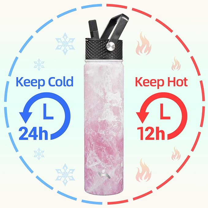 Insulated Water Bottle 24oz Stainless Steel Sport Bottles with 3 Lids,Marble Blossom-FlexoryFit