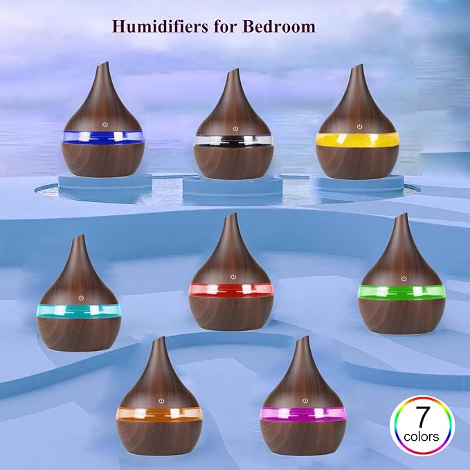 FULLBELL Cool Mist Humidifier, 400ML, 10-20 Hours Runtime, 7 Color Lights, 2 Modes, 24db Quiet, Black (Dark Brown-300ML)