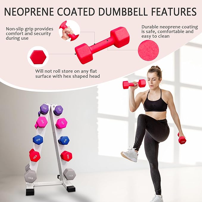 6-10 Pair Iron and Rubber Dumbbell Set 350/450 and 550 lbs 5-50 lbs Hand Free Weight for Strength Hex Coated Weights with Vertical Storage Rack Home Gym 5-50 lb - Black-FlexoryFit