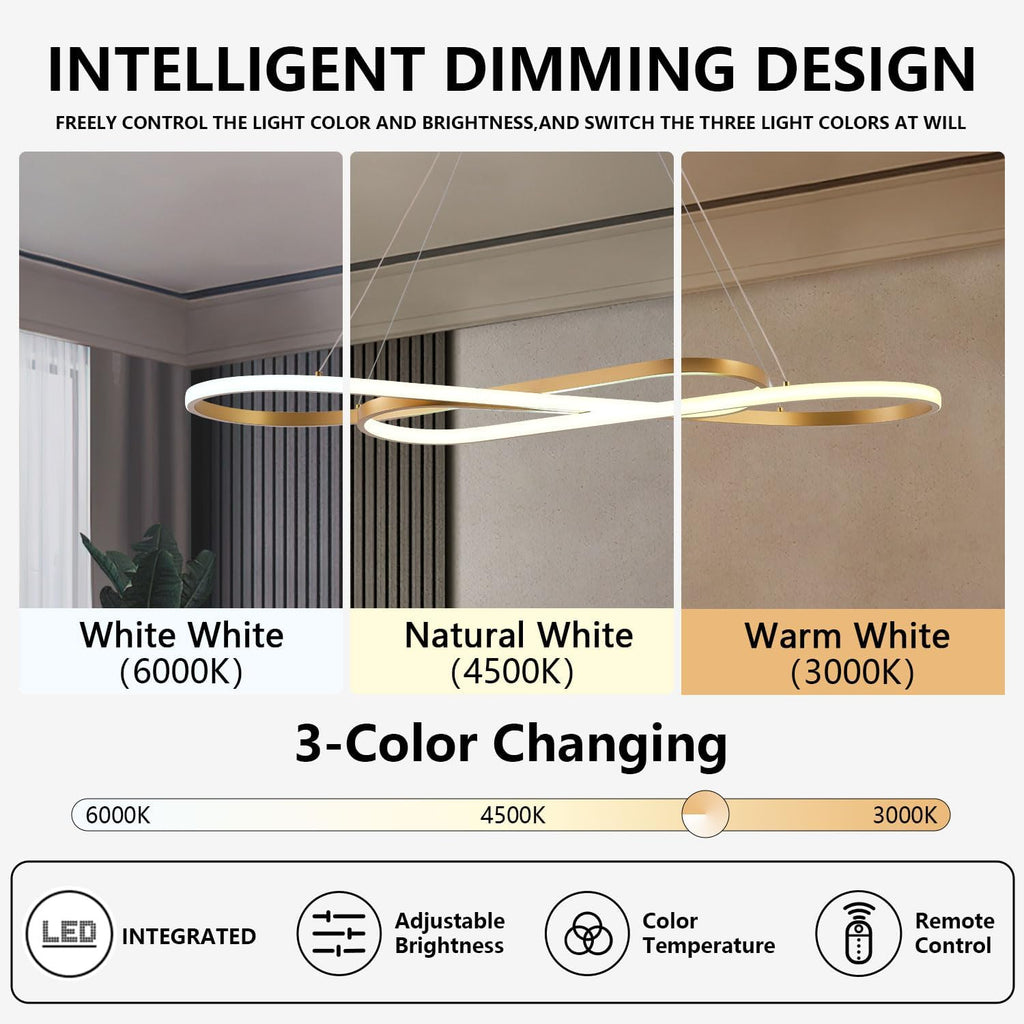 Gold Led Chandeliers for Dining Room Light Fixture Modern Led Pendant Light Kitchen Island Lighting for Kitchen Island Chandelier Over Table, Dimmable Adjustable Height Pendant Light Ceiling Hanging