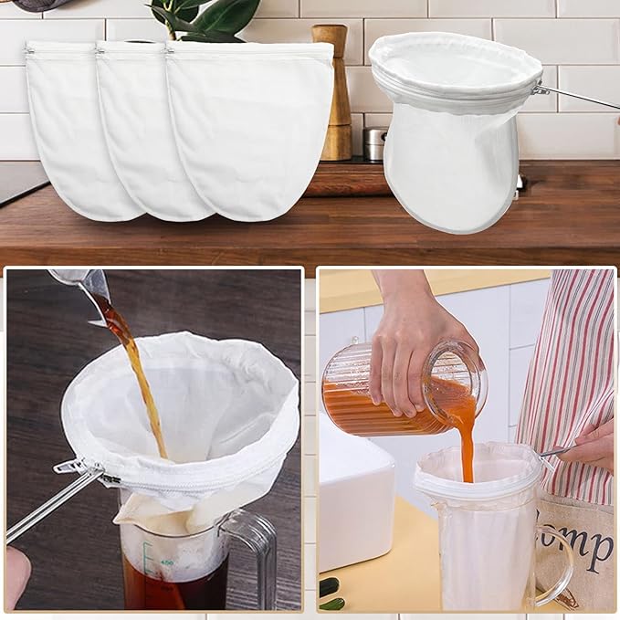 Ultra Fine Mesh Strainer Bag Reusable Food Grade Filter Zipper Bags with Stainless Steel Handle for Filter Coffee Tea Milk Juice Oil
