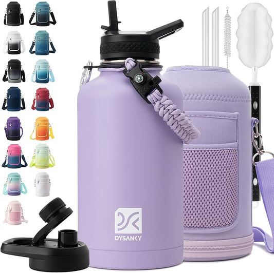 Insulated Water Bottle | Thickened Stainless Steel Vacuum Metal | Portable Sports Half Gallon Large Water Jug for Gym and Hiking with Straw, Carrier Bag, Handle Strap | BPA-Free 64 oz-FlexoryFit