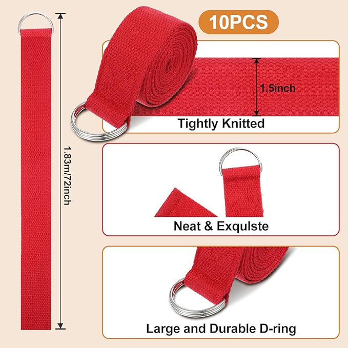 10 Pcs Yoga Strap for Stretching Bulk 6ft Exercise Stretch Band with Metal D Ring Adjustable Pilates Non Elastic Yoga Stretch Belt for Women Men Physical Fitness Gym Workout Dance-FlexoryFit