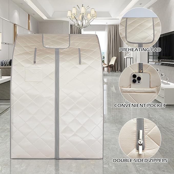 Smartmak Far Infrared Sauna, Full Body One Person Portable SPA Set with Time & Tempreture Remote Control, Heating Foot Pad and Foldable Reinforced Chair (L 27.6’’ x W 31.5’’ x H 37.8’’)- Beige