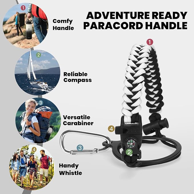 Insulated Water Bottle 40 oz, Triple Wall Vacuum Stainless Steel (Cold for 48 Hrs), Leak Proof & Non-BPA, Modern Water Flask Jug with Paracord Handle & Straw Spout Lids, Ombre: White/Black-FlexoryFit