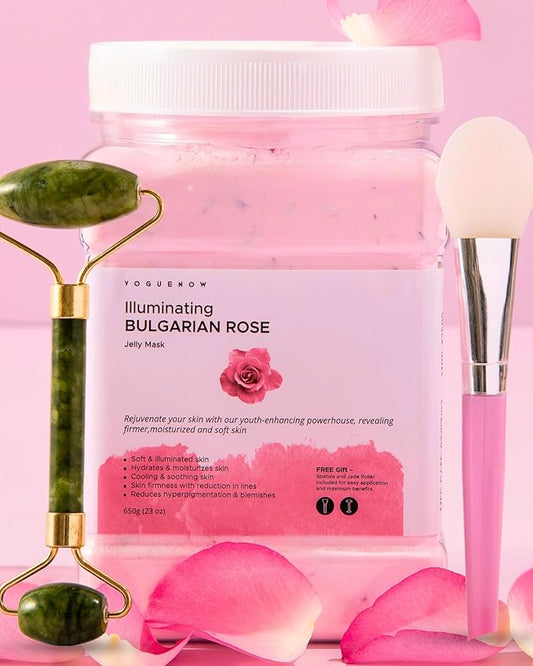 Jelly Face Mask for Facials - Bulgarian Rose Hydrating, Brightening & Nourishing Jelly Mask with Free Jade Roller & Spatula | Professional Hydrojelly Masks | Vajacial Jelly Mask Powder | 23 Oz Jar-FlexoryFit