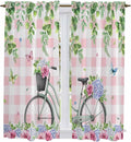 Spring Kitchen Curtains, Bicycles Leaves Butterfly Flowers Pink Buffalo Plaid by Unknown