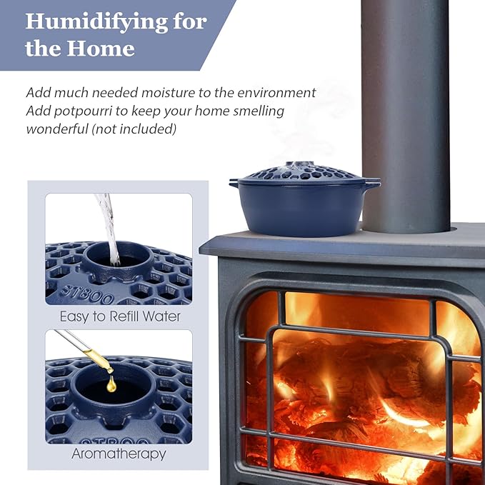 STBoo Wood Stove Steamer - Cast Iron Fireplace Humidifier | Indoor Pot for Home Heating | Bowl Fire Place Stove Covers Accessories Decorative | Matte Finish & Rust Resistan & 2.7 Quart, Blue