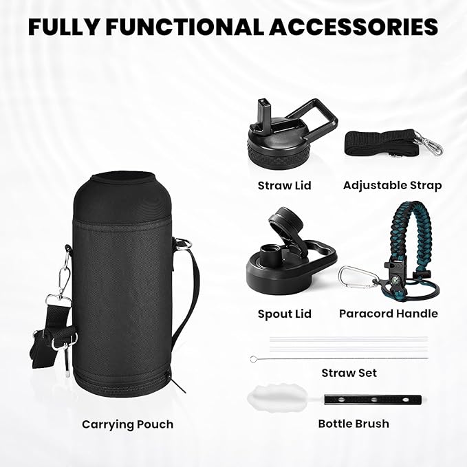 Insulated Water Bottle 32 oz, Triple Wall Vacuum Stainless Steel (Cold for 48 Hrs, Hot for 24Hrs), Leak Proof & Non-BPA, 32oz Hydro Water Flask with Paracord Handle & Straw Spout Lids-FlexoryFit