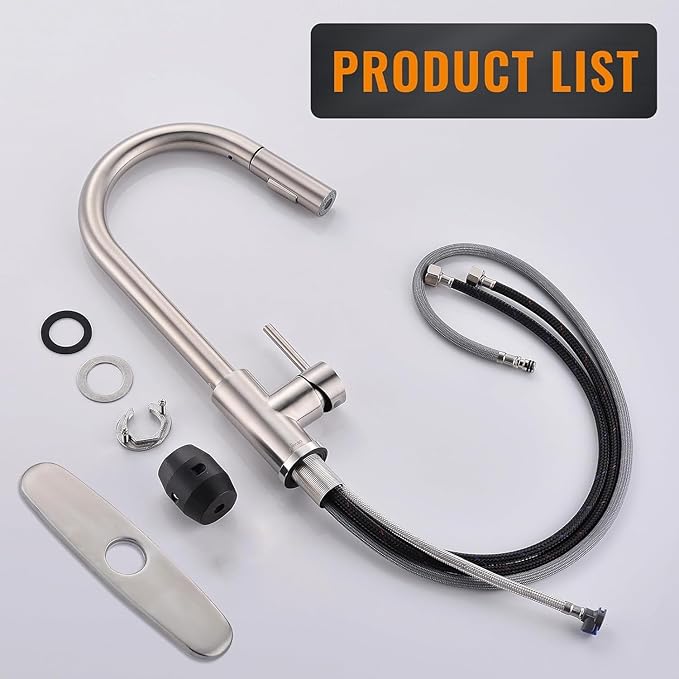 APPASO Kitchen Faucet with Pull Down Brushed Nickel, Single-Handle High Arc Swan-Neck Modern Kitchen Sink Faucet with Optional Deck Plate Stainless Steel, Silver