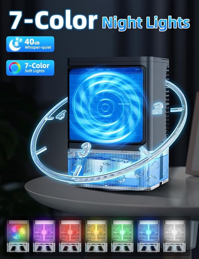 Small Air Conditioner w/ 3 Speeds&3 Modes, Remote, 1100ML Tank Humidifier, 8-Cube Ice Tray, 120° Oscillating, 4 IN 1 Portable Air Conditioners, 7-Color Light, 4H Timer Desk AC Unit for Bedroom