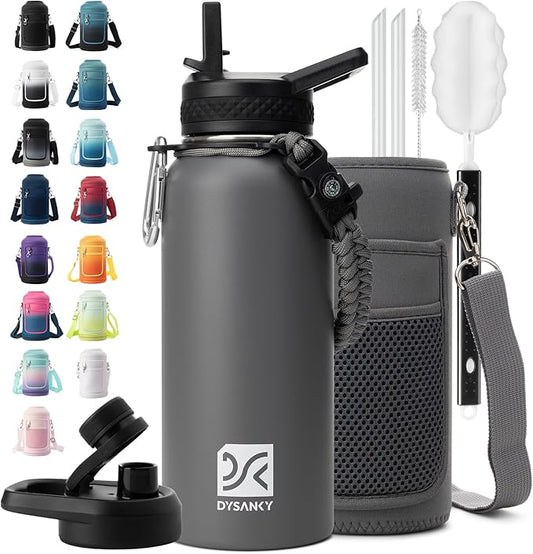 Insulated Water Bottle | Thickened Stainless Steel Vacuum Metal | Portable Sports Water Jug for Gym and Hiking with Straw, Carrier Bag, Handle Strap | BPA-Free 32 oz-FlexoryFit