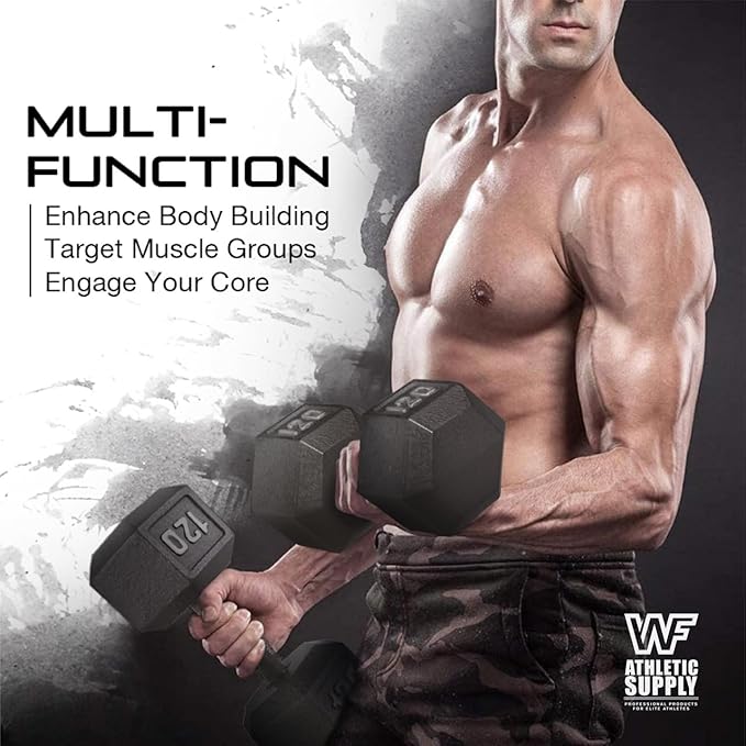 WF Athletic Supply Cast Iron Solid Hexagon Gray/Black Dumbbells, Strength Training Free Weights Set of 2 for Women and Men, Hand Weights Sold by Pairs, Multi-Select Size Options Available-FlexoryFit