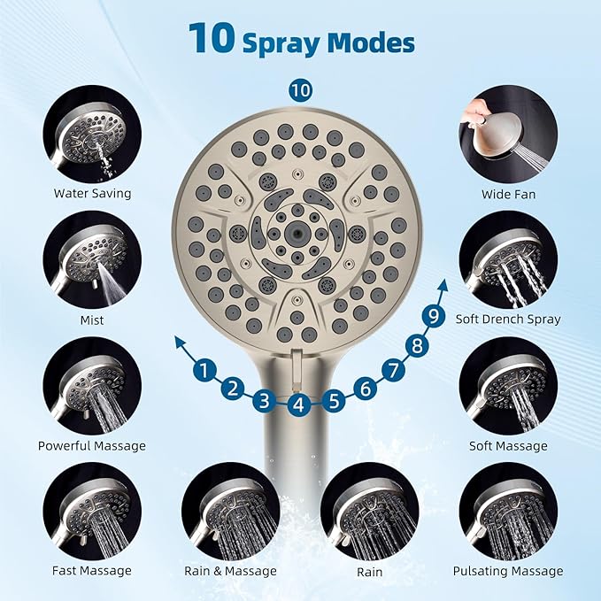 Hibbent All Metal Shower Head, 8'' High Pressure Rain Shower Head/Handheld Showerhead Combo with 16'' Adjustable Arc-shaped Extension Arm, 10 Sprays, 71'' Hose, Showerhead Holder, Brushed Nickel