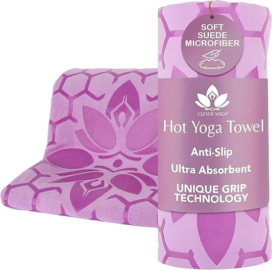 Clever Yoga Non-Slip Hot Yoga Towel – Non-Slip Grip for Hot Yoga, Sweat Absorbent, Honeycomb Silicone Grip, Stays Flat – Ideal for Pilates, Travel, Washable & Lightweight - Lilac-FlexoryFit