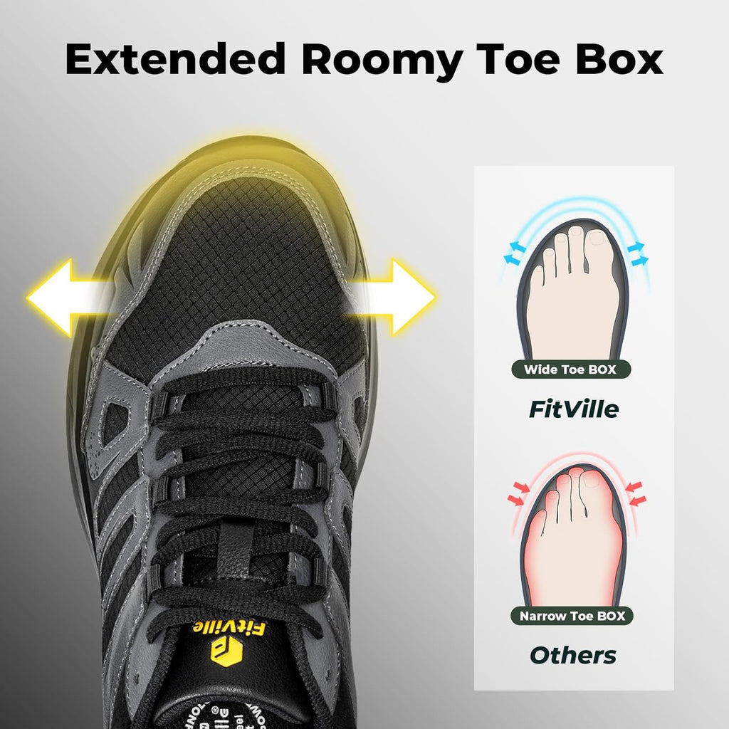 FitVille Men's Wide Hiking Shoes Water Repellent Trekking Trails Outdoor Sneakers Cushioned Lightweight Walking Running Shoes with Arch Support