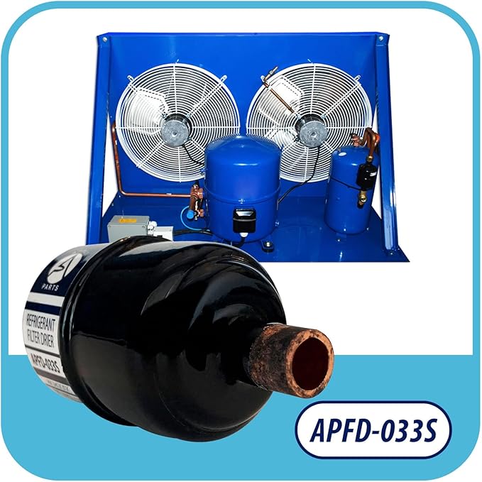 Appli Parts APFD-033S 3/8 in Liquid Line Refrigerant AC Filter Drier hvac Refrigeration 033S ODF Sweat Solder connection universal unidirectional 4-1/2 in long 1-3/4 in wide