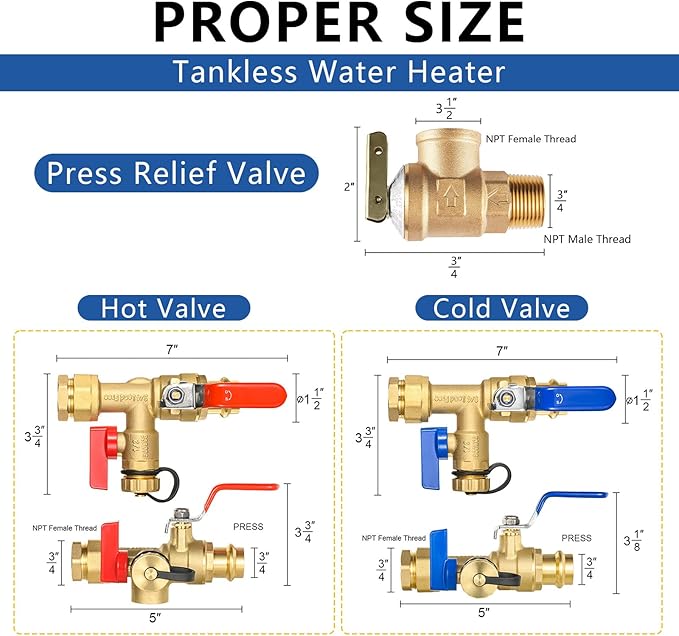 3/4 Inch GUOFIS IPS Tankless Water Heater Valve Kit with Pressure Relief Valve(3/4"FIPx 3/4" Press),2 Set Water Heater Valve Kit