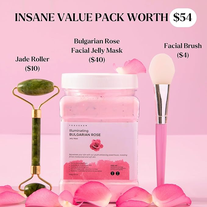 Jelly Face Mask for Facials - Bulgarian Rose Hydrating, Brightening & Nourishing Jelly Mask with Free Jade Roller & Spatula | Professional Hydrojelly Masks | Vajacial Jelly Mask Powder | 23 Oz Jar-FlexoryFit