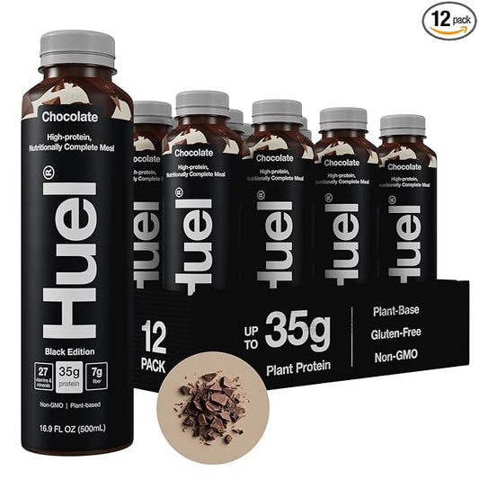 Huel Black Edition Ready-to-Drink, Chocolate Meal Replacement Drink, 35g High Protein, 27 Vitamins and Minerals, Vegan, Gluten Free, Plant Based, High Fiber, Low Sugar, 16.9 Fl Oz (12 Pack)-FlexoryFit