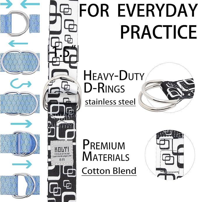 Yoga Exercise Adjustable Straps 8FT with Durable D-Ring for Pilates & Gym Workouts | Hold Poses, Stretch, Improve Flexibility & Maintain Balance-FlexoryFit