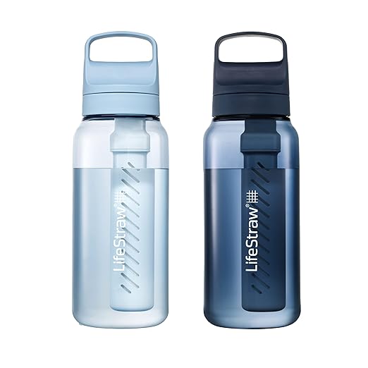 LifeStraw Go Series – BPA-Free Water Filter Bottle for Travel and Everyday use removes Bacteria, parasites and microplastics, Improves Taste, 1L 2-Pack; Icelandic Blue and Aegean Sea