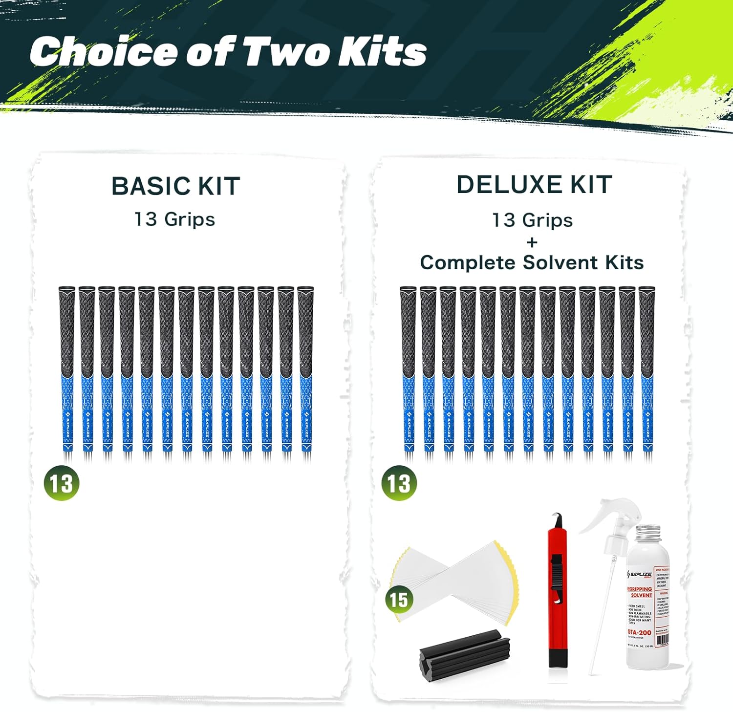 SAPLIZE Hybrid Golf Grips (CL07) - Set of 13, Innovative Design, Cross Corded Rubber Technology, Options of 8 Colors, Standard/Midsize, Basic/Deluxe Kit for Choice, Multicompound Golf Club Grips