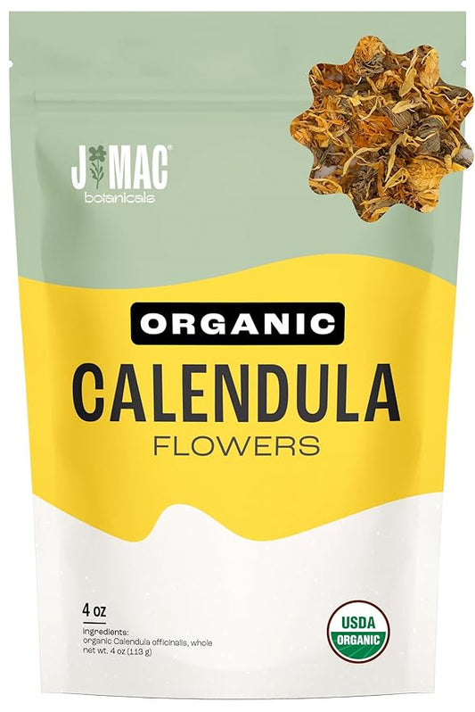 J Mac Botanicals, Organic Calendula Flower (4 ounce), whole dried flowers and petals, loose leaf tea, marigold flower, USDA Certified Organic. Great for loose leaf teas, cocktail bombs, salve-FlexoryFit