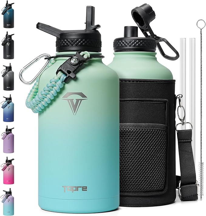 Insulated Water Bottle 64oz,Half Gallon Water Flask Stainless Steel Vacuum, Cold for 48 Hrs,BPA-Free & Leakproof -with Paracord Handle, Strap,Straw Spout Lids,Large Jug for Gym Sports,Green-FlexoryFit