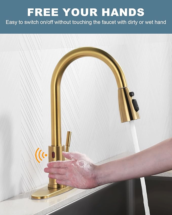 Touchless Kitchen Faucet Stainless Steel: WOWOW Smart Motion Sensor Kitchen Sink Faucet with Sprayer, Automatic Hand-Free Brushed Gold Kitchen Faucet for Sink 1 or 3 Hole